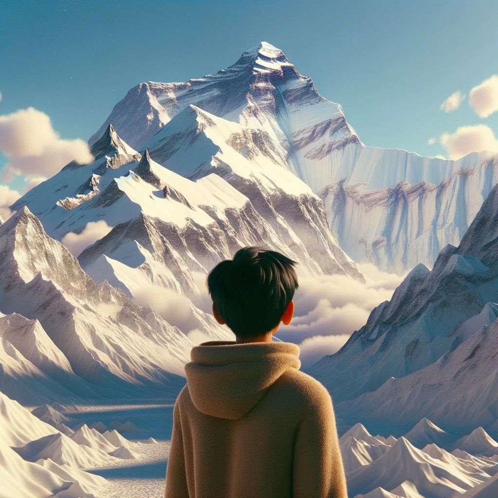 someone gazing at Mount Everest, digital art, faux-3D style